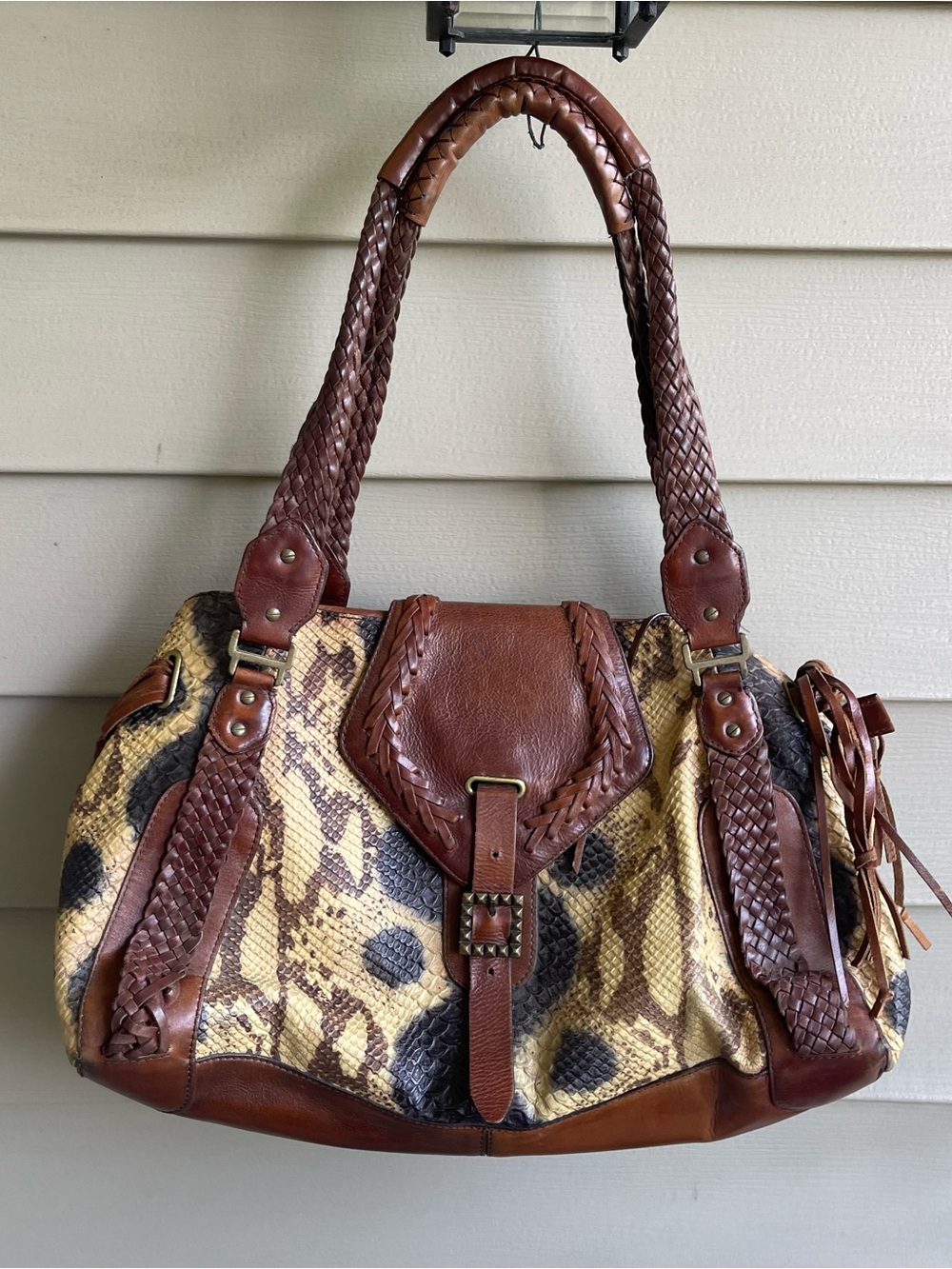 Vintage Cole Haan Snakeskin Shoulder Bag Brown Luxe Bohemian Western Artisan